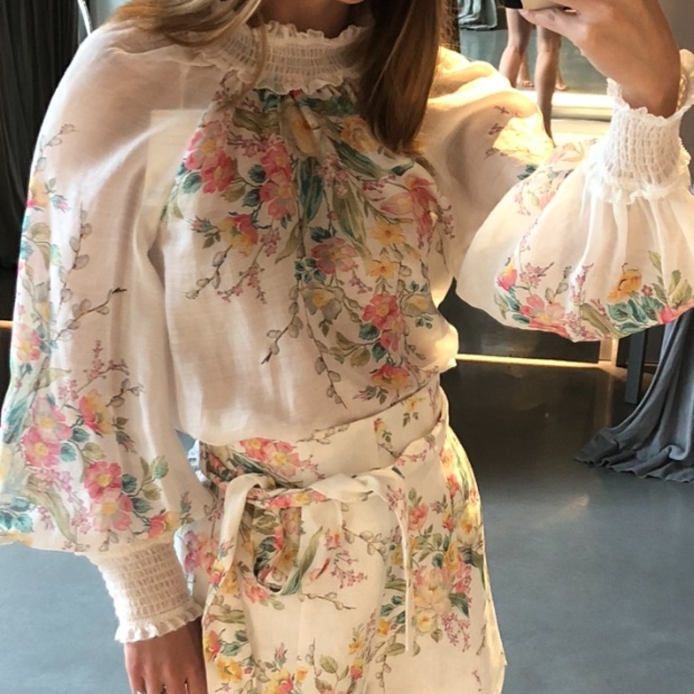 Zimmermann White Floral Smocked-Neck Linen Top